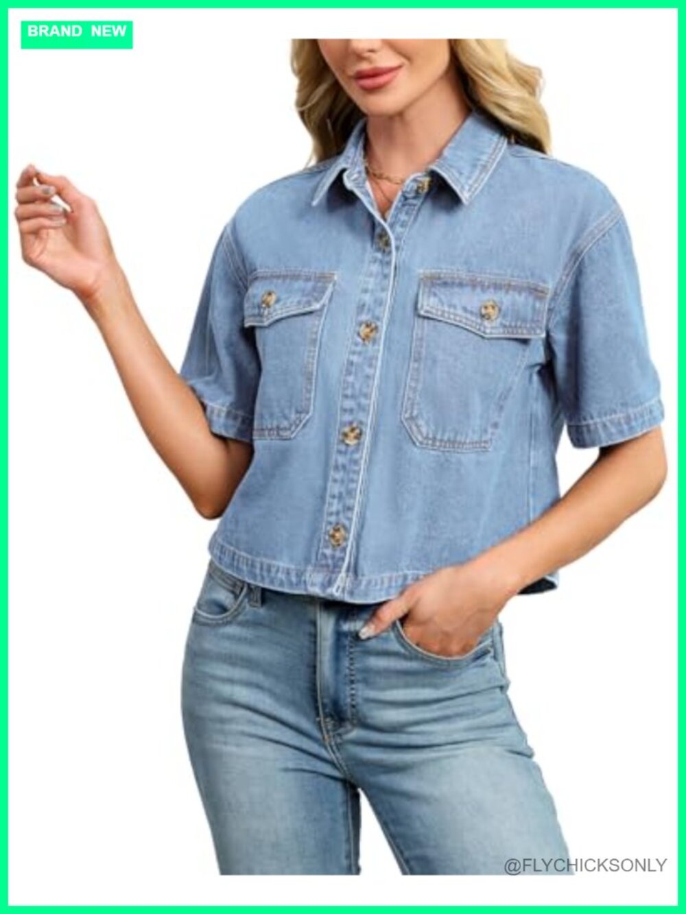 Womens Crop Denim Button Down Shirt Short Sleeve V Neck Jean Top
